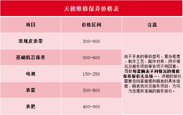 天梭维修费用价目表（天梭维修明细价格）